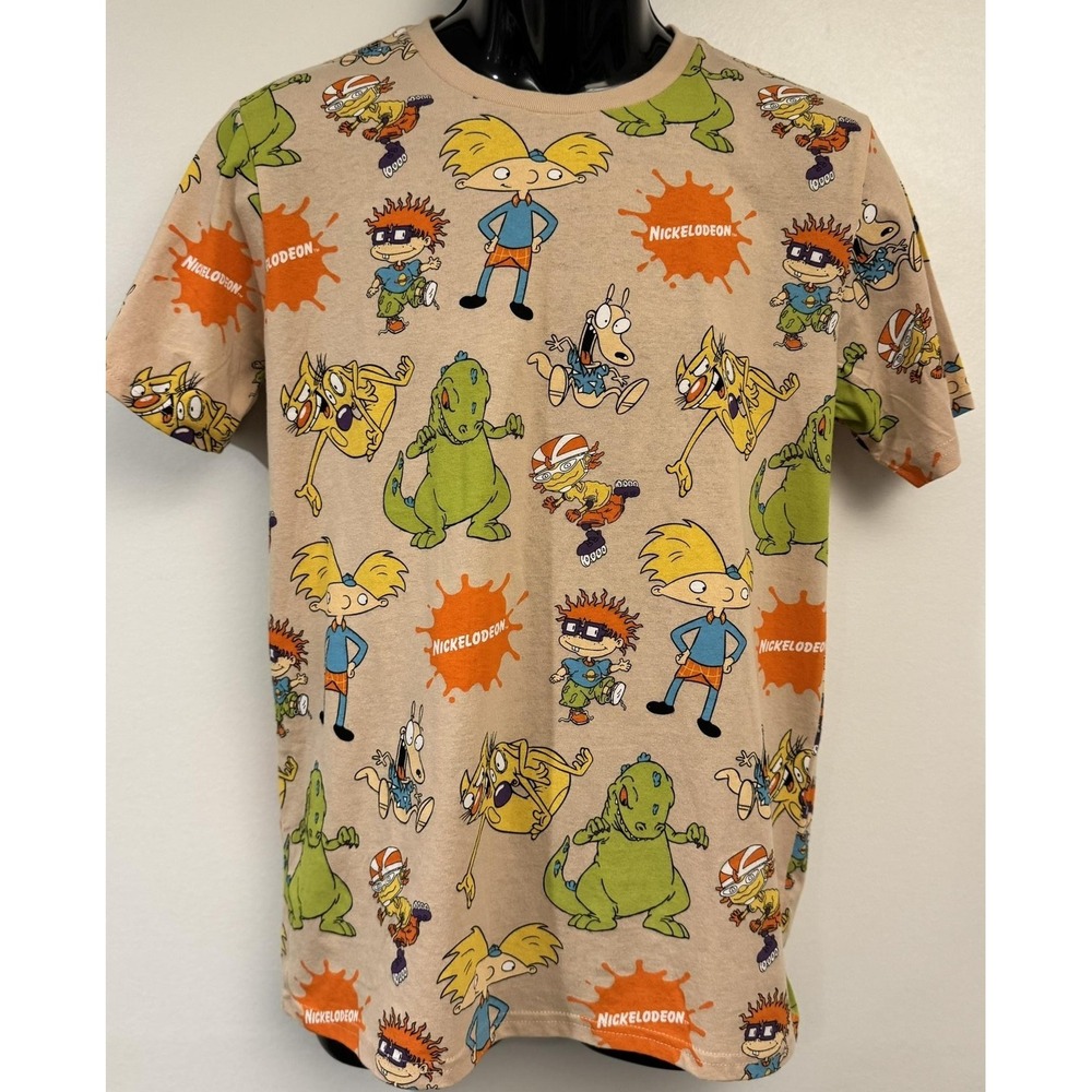 Nickelodeon Shirt Mens S Beige 90s Cartoon Character Allover Graphic T-Shirt